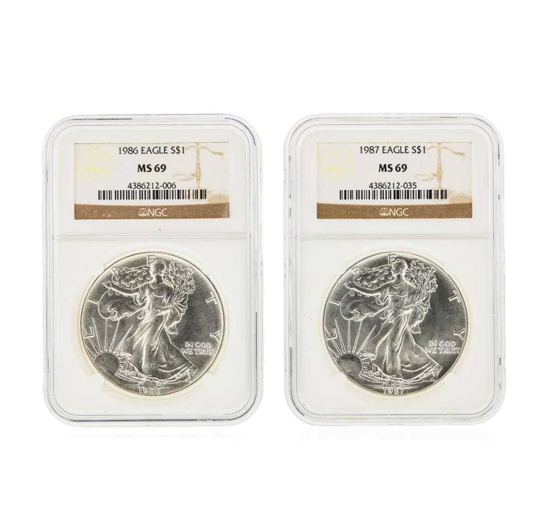 Set of (2) 1986-1987 $1 Silver Eagle Coins NGC Graded: One Set of (2) 1986-1987 $1 Silver Eagle Coins NGC Graded MS69. NGC Certified.
