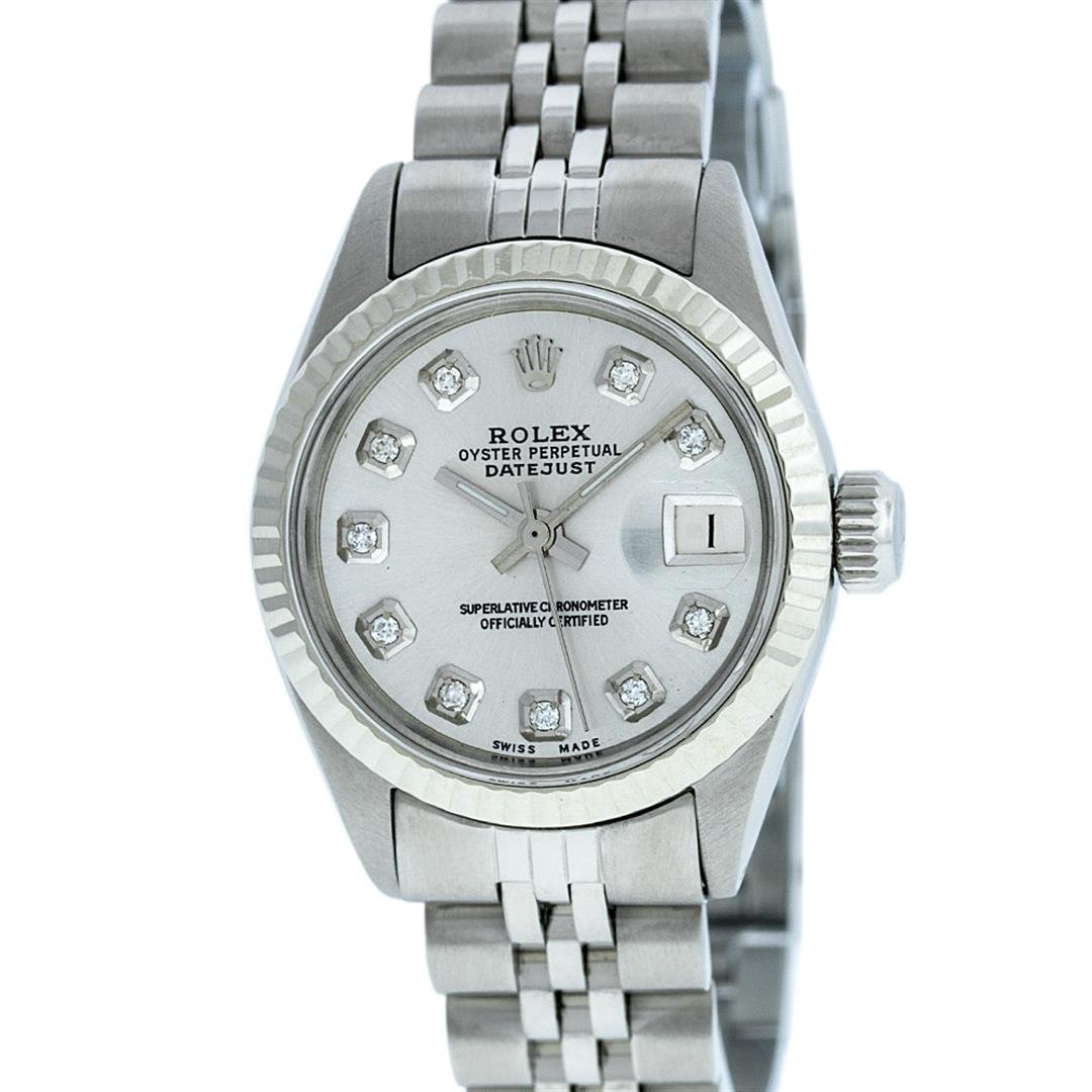 Rolex Ladies Stainless Steel Silver Diamond and White: One Ladies Rolex Datejust Polished Bright with Satin Finish, Serviced & Electronically Tested, Stainless Steel Case:26mm, Stainless Steel Crown, Bezel: 14K White Gold Fluted. Custom Crystal: Acrylic C