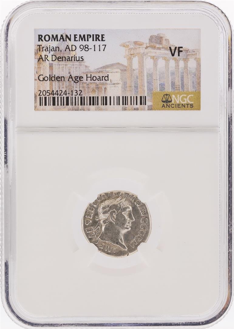 Roman Empire AD 98-117 Trajan AR Denarius Coin NGC VF: One Roman Empire AD 98-117 Trajan AR Denarius Coin NGC VF. NGC Certified.