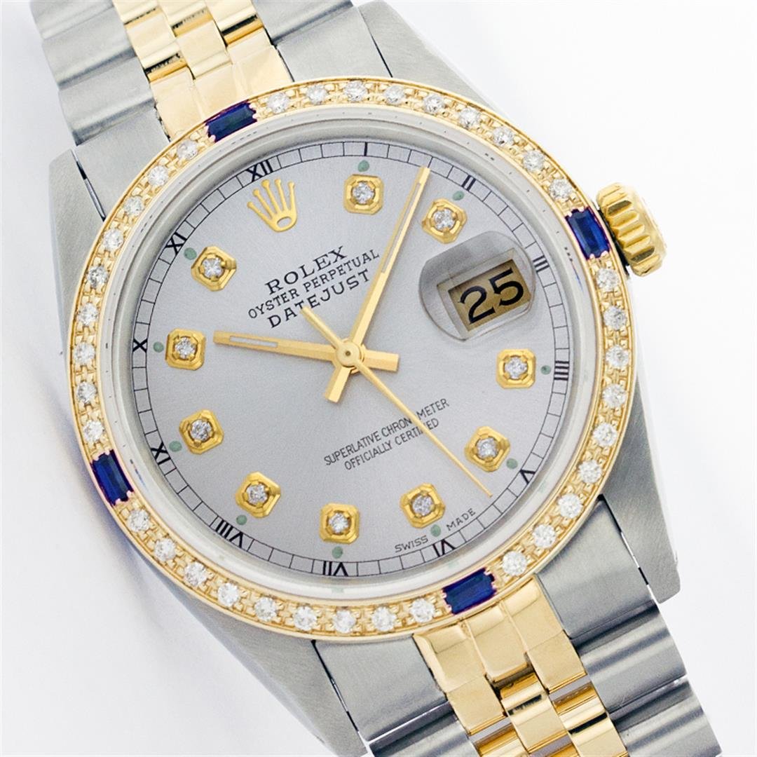 Mens Rolex Two Tone Sapphire and Diamond Datejust: One Mens Two Tone Rolex Datejust Polished, Fully Serviced & Electronically Tested, 14K Yellow Gold & Stainless Steel Case:36mm, 14K Yellow Gold Crown, Custom Bezel: 18K Yellow Gold Sapphire Beadset Di