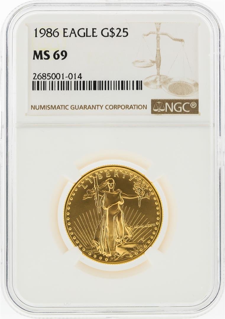 1986 $25 American Gold Eagle Coin NGC Graded MS69: One 1986 $25 American Gold Eagle Coin NGC Graded MS69. NGC Certified.