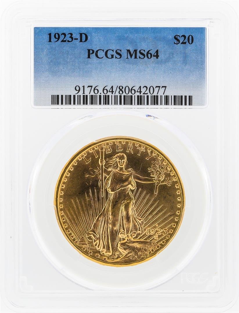 1923-D $20 St. Gaudens Double Eagle Gold Coin PCGS: One 1923-D $20 St. Gaudens Double Eagle Gold Coin PCGS Graded MS64. PCGS Graded.