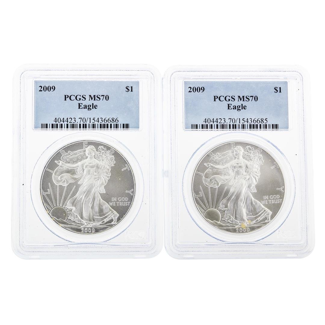 Set of (2) 2009 $1 American Silver Eagle Coins PCGS: One Set of (2) 2009 $1 American Silver Eagle Coins PCGS MS70. PCGS Graded.