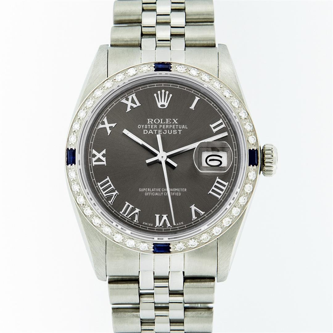 Rolex Mens Stainless Steel Dark Rhodium Roman Sapphire: One Mens Rolex Datejust Polished Bright with Satin Finish, Serviced & Electronically Tested, Stainless Steel Case:36mm, Stainless Steel Crown, Custom Bezel: 18K White Gold Sapphire Beadset Diamond Bez