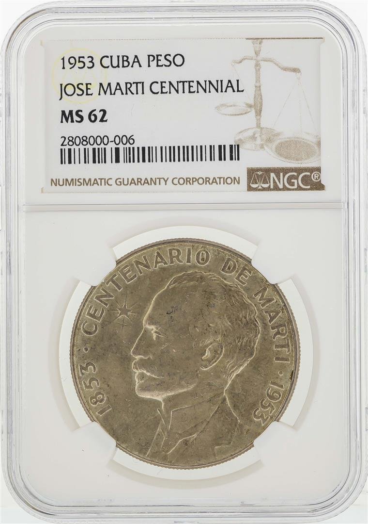 1953 Cuba Peso Jose Marti Centennial Coin NGC MS62: One 1953 Cuba Peso Jose Marti Centennial Coin NGC MS62. NGC Certified.