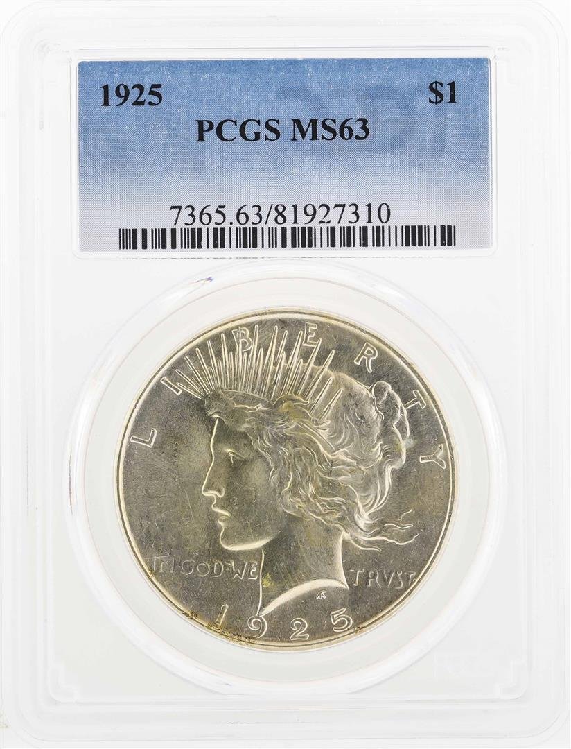 1925 $1 Peace Silver Dollar Coin PCGS MS63: One 1925 $1 Peace Silver Dollar Coin PCGS MS63. PCGS Graded.