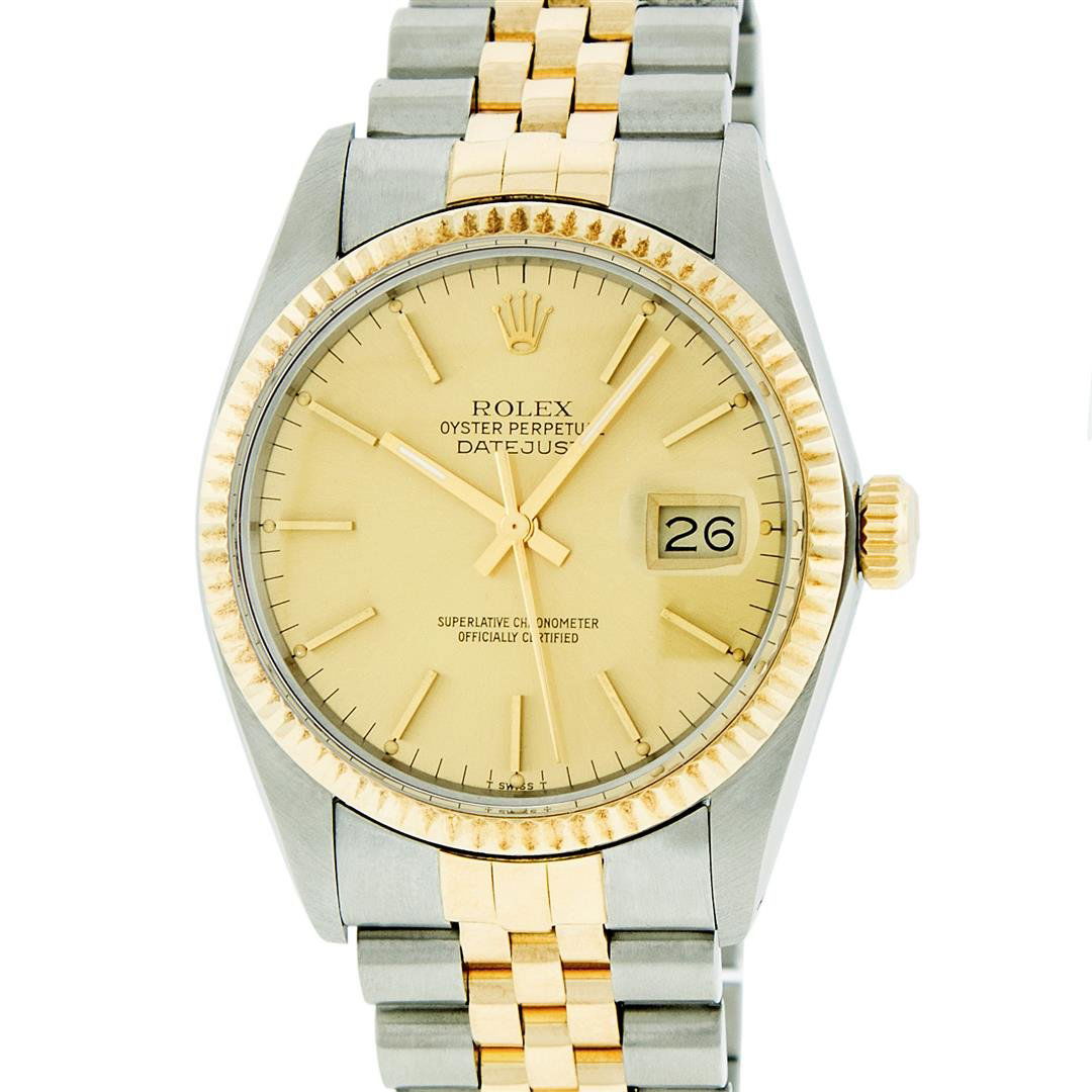Rolex Mens Two Tone 14KT Yellow Gold Datejust: One Mens Two Tone Rolex Datejust Polished, Serviced & Electronically Tested, 14K Yellow Gold & Stainless Steel Case: 36mm,14K Yellow Gold Crown, Bezel: 14K Yellow Gold Fluted Bezel. Custom Crystal: Ac
