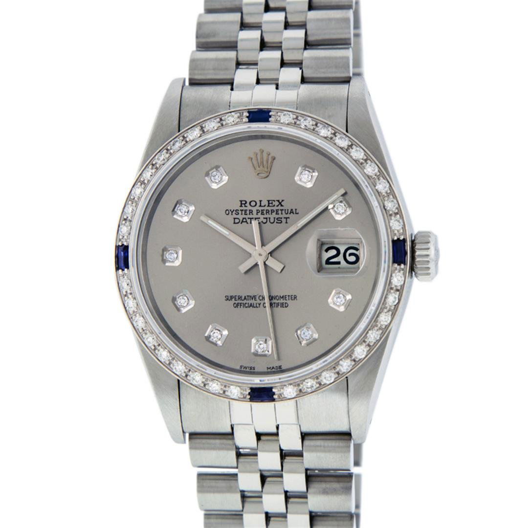 Rolex Mens Stainless Steel Sapphire and Diamond: One Mens Rolex Datejust Polished Bright with Satin Finish, Serviced & Electronically Tested, Stainless Steel Case: 36mm, Stainless Steel Crown, Custom Bezel: 18K White Gold Sapphire Beadset Diamond Be