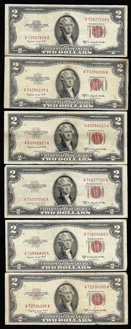 Lot of (6) 1953B $2 Legal Tender Notes: One Lot of (6) 1953B $2 Legal Tender Notes.