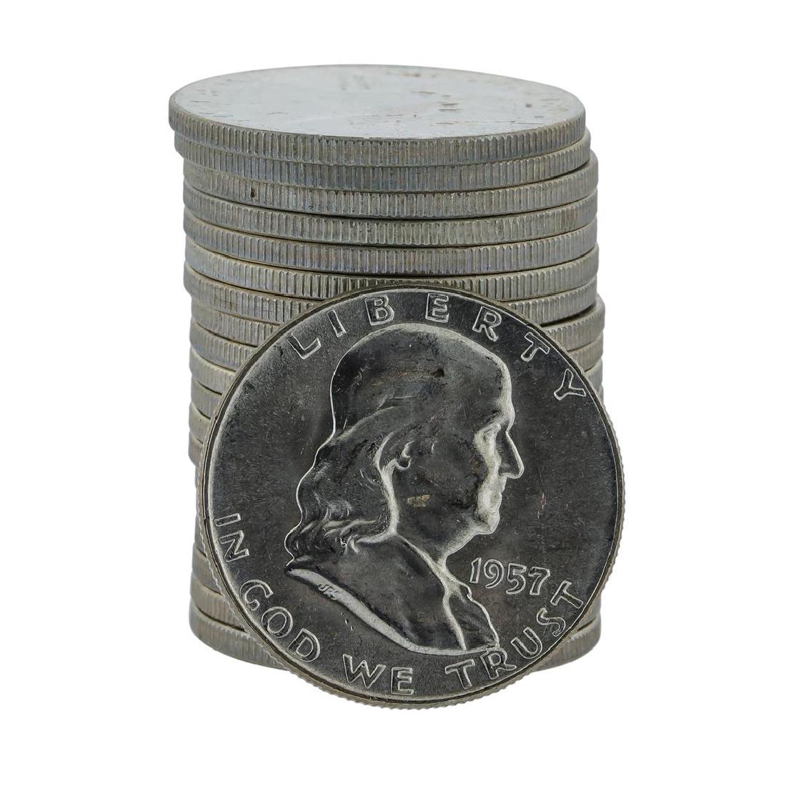 Roll of (20) 1957-D Brilliant Uncirculated Franklin: One Roll of (20) 1957-D Brilliant Uncirculated Franklin Half Dollar Silver Coins.