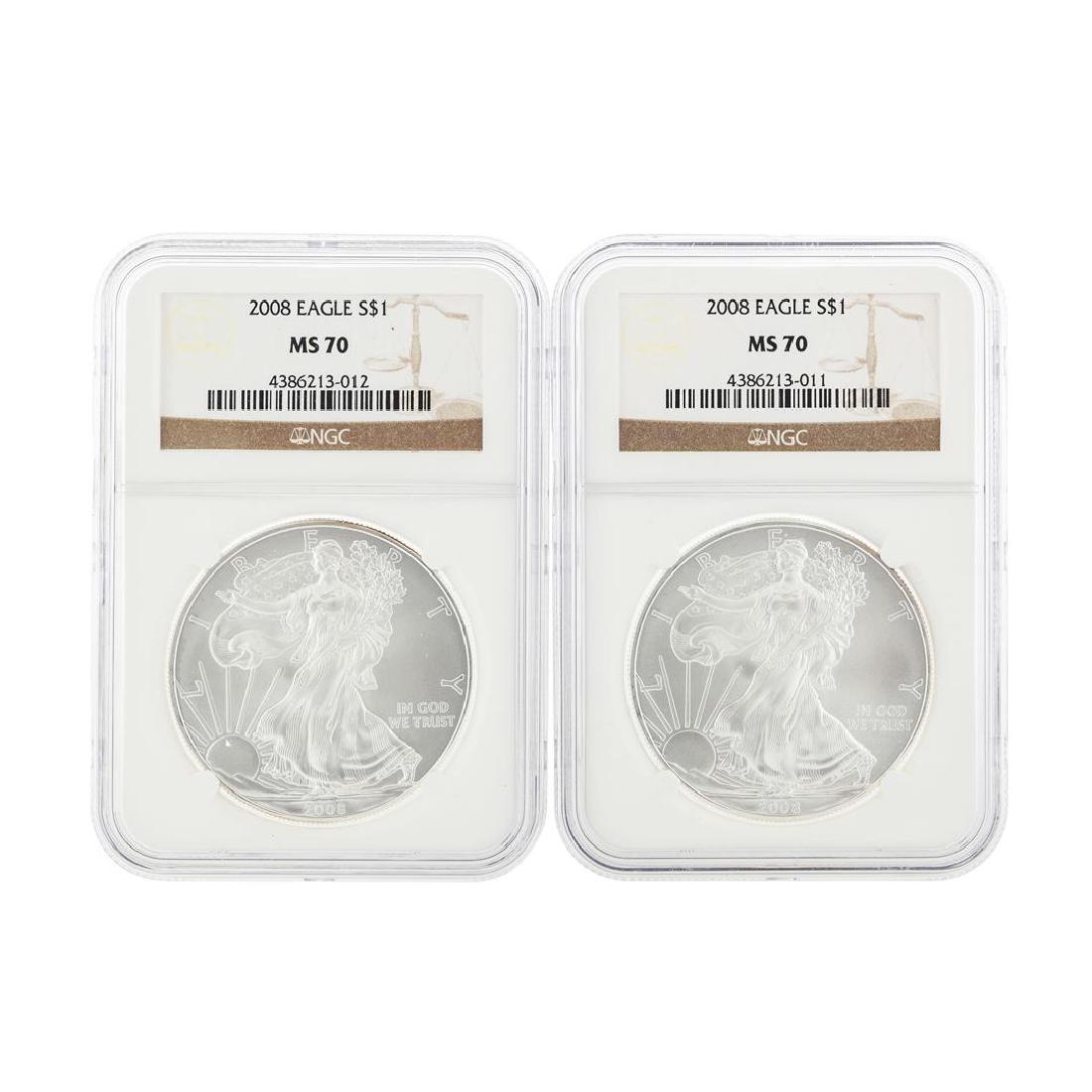 Set of (2) 2008 $1 American Silver Eagle Coins NGC MS70: One Set of (2) 2008 $1 American Silver Eagle Coins NGC MS70. NGC Certified.