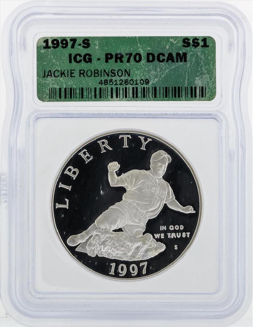 1997-S $1 Jackie Robinson Silver Coin ICG PR70 DCAM: One 1997-S $1 Jackie Robinson Silver Coin ICG PR70 DCAM. ICG Certified.