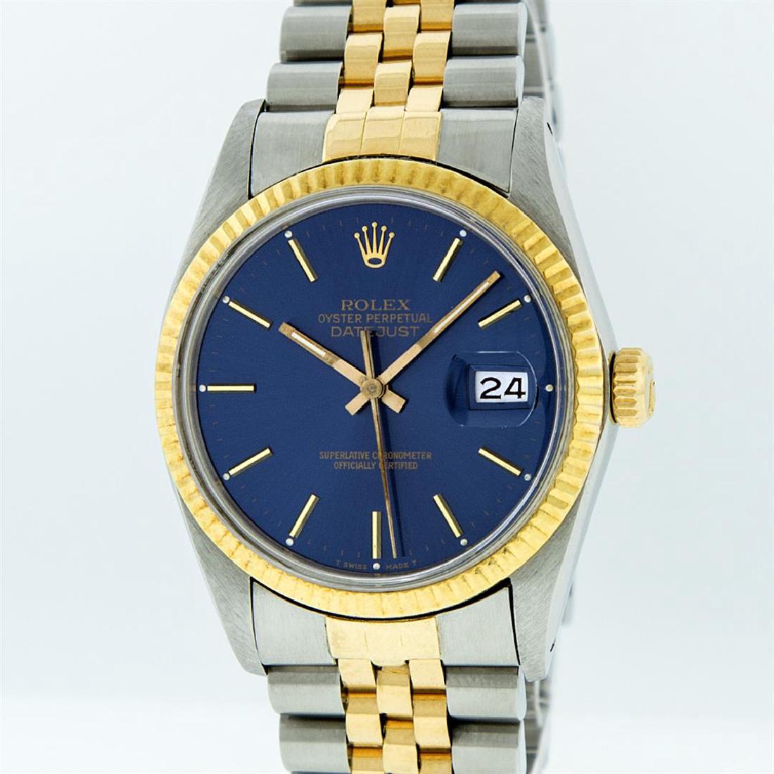 Rolex Mens Two Tone 14KT Yellow Gold Datejust: One Gents Two Tone Rolex Datejust Polished, Serviced & Electronically Tested, 14K Yellow Gold & Stainless Steel Case:36mm, 14K Yellow Gold Crown, Bezel:14K Yellow Gold Fluted Bezel. Custom Crystal: Ac