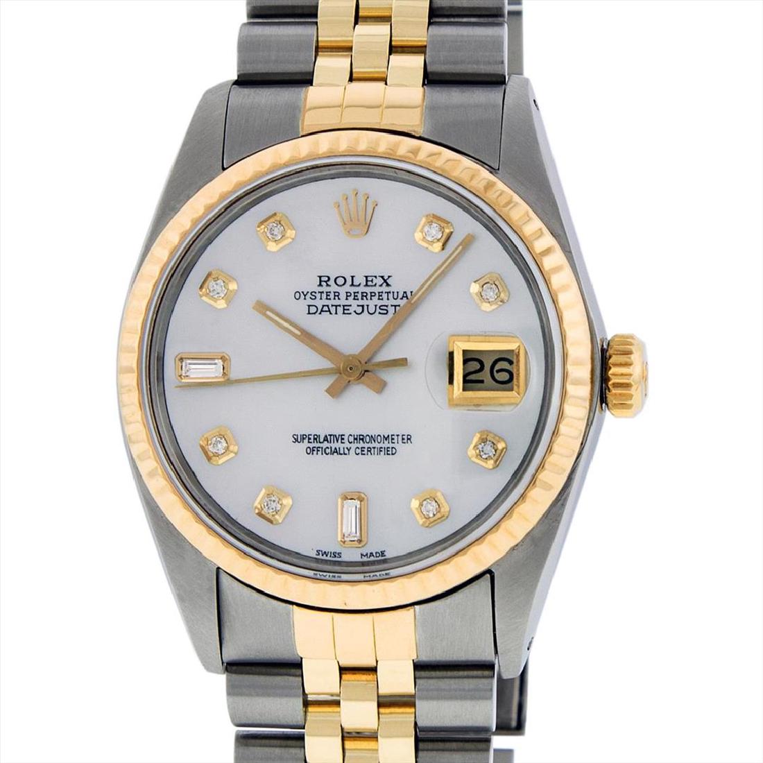 Rolex Mens Two Tone 14KT Yellow Gold Diamond Datejust: One Mens Two Tone Rolex Datejust Polished, Serviced & Electronically Tested, 14K Yellow Gold & Stainless Steel Case:36mm, 14K Yellow Gold Crown, Bezel: 14K Yellow Gold Fluted Bezel. Custom Crystal: Ac