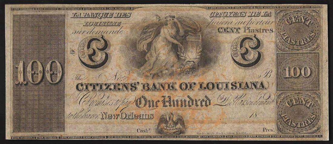 1800's $100 The Citizens Bank of Louisiana Obsolete: One 1800's $100 The Citizens Bank of Louisiana Obsolete Bank Note.