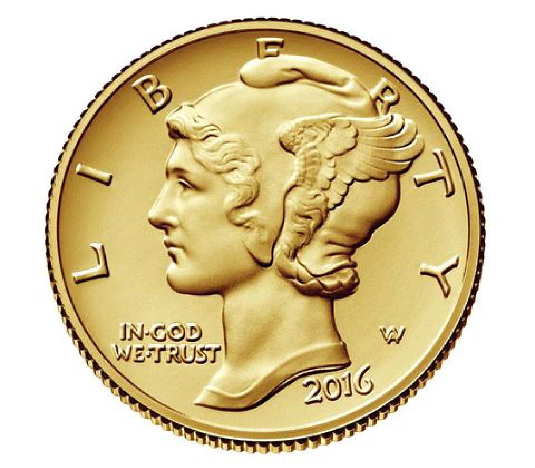 2016-W Mercury Dime Gold Centennial Commemorative Coin: Introducing the 2016 Mercury Dime Centennial Gold Coin. This is an event 100 years in the making. Beautifully struck in .9999 fine 24-karat gold, the Mercury Dime Centennial Gold Coin features Adolph 