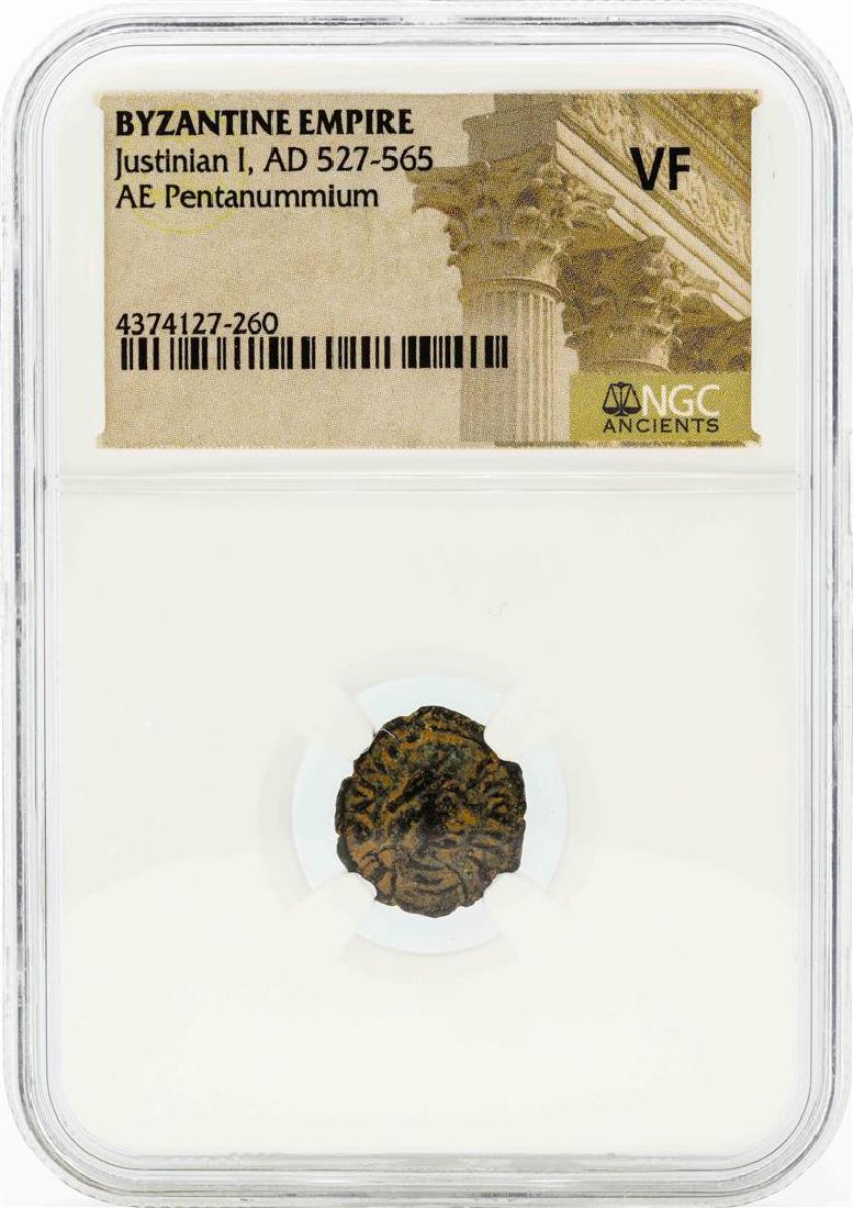 Byzantine Empire AD 527-565 Justinian I AE Pentanummium: One Byzantine Empire AD 527-565 Justinian I AE Pentanummium Coin NGC VF. NGC Certified.