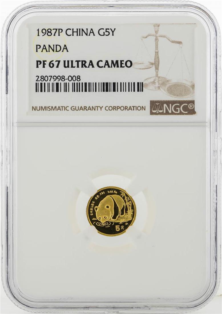 1987P China 5 Yuan Panda Gold Coin NGC PF67 Ultra Cameo: One 1987P China 5 Yuan Panda Gold Coin NGC PF67 Ultra Cameo. NGC Certified.