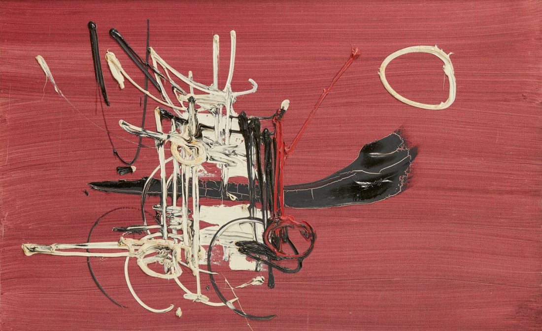 Georges MATHIEU (1921-2012): Equation de Dirac Huile sur toile, titré au dos sur le chassis Peint en 1955 81 x 130 cm. - 31 7/8 x 51 1/8 in. Oil on canvas, titled on the stretcher Provenance Kootz Gallery, New York (étiquette a