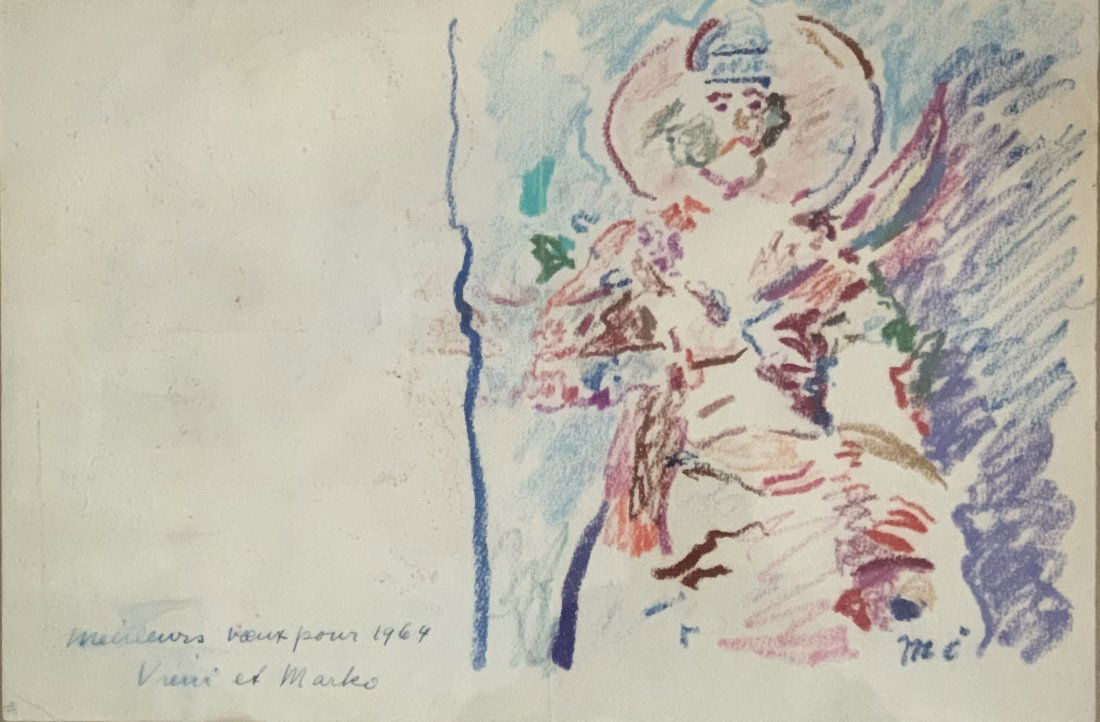 "Marko CELEBONOVIC dit MARKO (1902-1986): Carte de voeux pour 1964Crayon gras sur papier signÃ©e du monpgramme en bas Ã droite et dÃ©dicacÃ© en bas Ã gauche25,5 x 37,5 m - 10.03 x 14.76 in.Grease pencil on paper signed with monogr