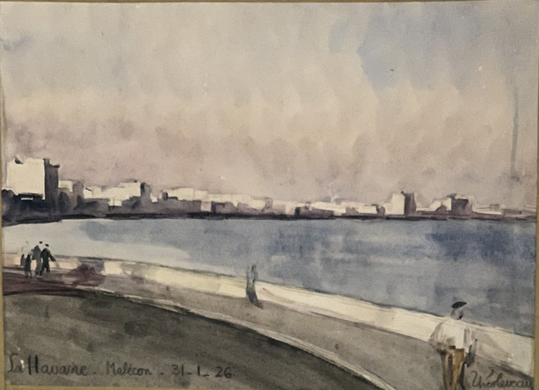 ThÃ©odore Leveau (1896-1971): La Havane, MallÃ©con,1926Aquarelle su papier signÃ©e en bas Ã droite, situÃ©e La Havane,le Malecon et datÃ©e 31/01/1926 en bas Ã gauche27,5 x 38 cm - 10.82 x 14,96 in.Watercolor on paper