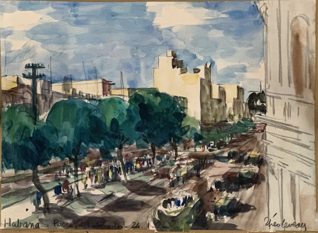 ThÃ©odore Leveau (1896-1971): La Havane, Paseo del Prado,1924Aquarelle su papier signÃ©e en bas Ã droite, situÃ©e La Havane Paseo del Prado,1924 et datÃ©e 24/01/1926 en bas Ã gauche27,5 x 38 cm - 10.82 x 14,96 in.Water