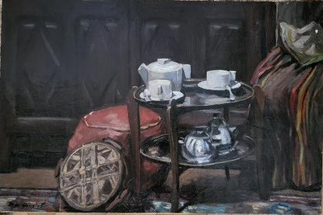 Raoul DU GARDIER (1871-1952): Raoul DU GARDIER (1871-1952)Le petit dÃ©jeuner dans un intÃ©rieur marocainHuile sur toile signÃ©e en bas Ã droite54 x 81 - 21,25 x 31,88 in.Oil on canvas signed lower right