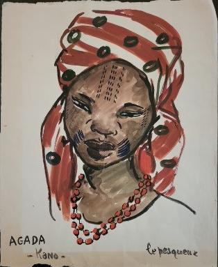 Henriette LE PESQUEUX (1909-?) Portrait d' Agada,Kano(Nigeria) Aquarelle signÃ©e en bas Ã droite ,: Henriette LE PESQUEUX (1909-?)Portrait d' Agada,Kano(Nigeria)Aquarelle signÃ©e en bas Ã droite , titrÃ©e et situÃ©e en bas Ã gauche38 x 32 cm - 14,96 x 12,59 in.Watercolor signed lower rig