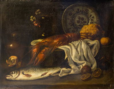 Ecole Italienne du XVIIÃ¨me siÃ¨cle, entourage de Simone del TINTORE: Nature morte au homard, cÃ©drat, bouquet de fleurs et platHuile sur toile74 x 95 cm - 29.13 x 37.40 in.Oil on canvasRestaurations