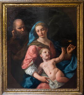 Ecole romaine du XVIIIÃ¨me siÃ¨cle, entourage d'Anton Rap: Vierge Ã l'Enfant avec Saint JosephHuile sur toile rectangulaire Ã vue ovale105 x 90 cm - 41.33 x 35.43 in.Oil on canvasPorte une ancienne attribution Ã Pompeo Batoni