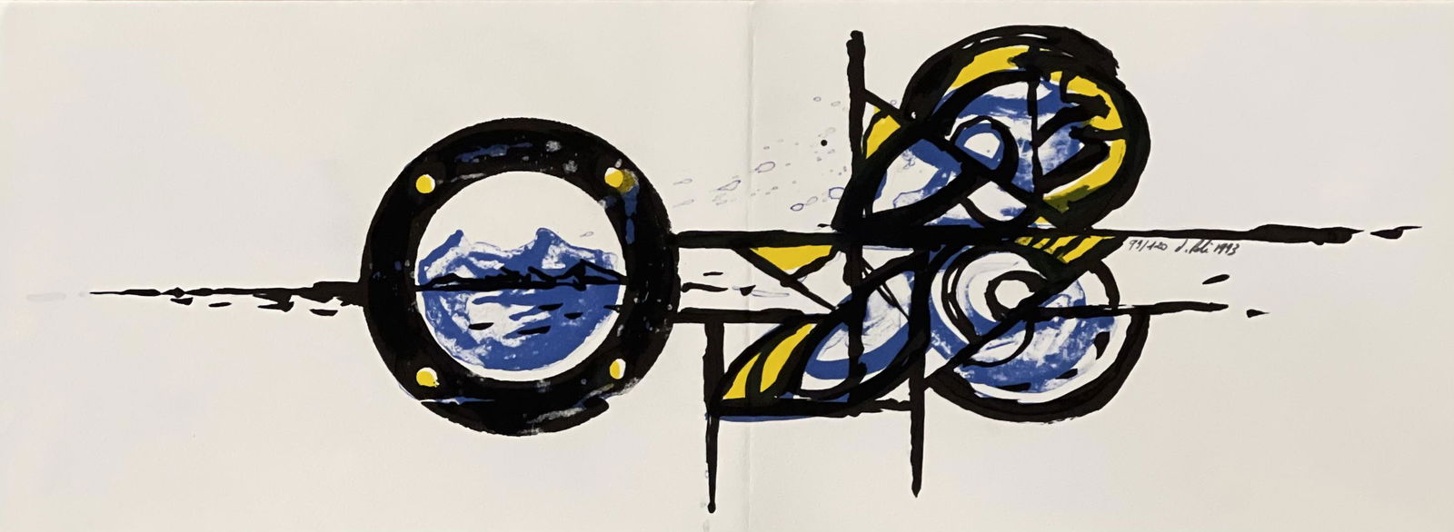 Jacques POLI (1938-2002)Composition abstraite Lithographie en noir, bleu et jaune sur papier: Jacques POLI (1938-2002)Composition abstraite Lithographie en noir, bleu et jaune sur papier SignÃ©e, datÃ©e 1993 et numÃ©rotÃ©e 99/100, Ã la mine de plomb 22 x 63 cm Pliure centrale