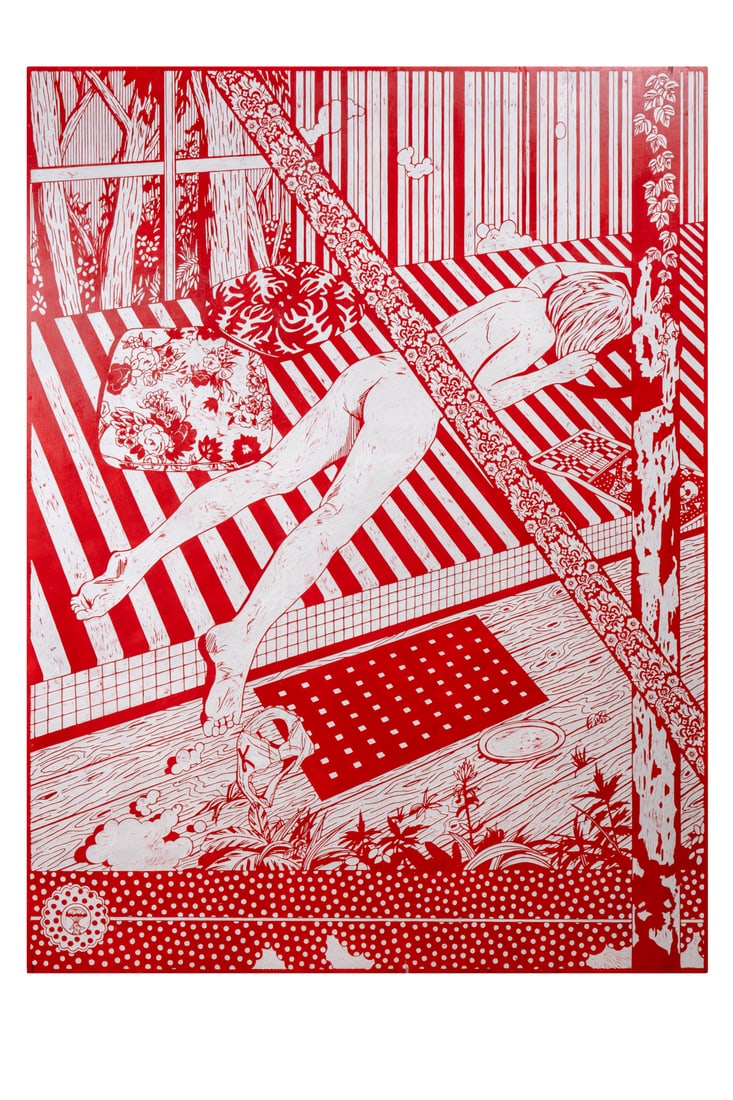 Kenichi YOKONO (1972): Kenichi YOKONO (1972) - Muse in the Studio II, 2008 Painted and engraved wood Signed, titled and dated on back 160 x 120 cm PROVENANCE Santa Monica, Mark Moore Gallery Mr. K's European Collection - Mu