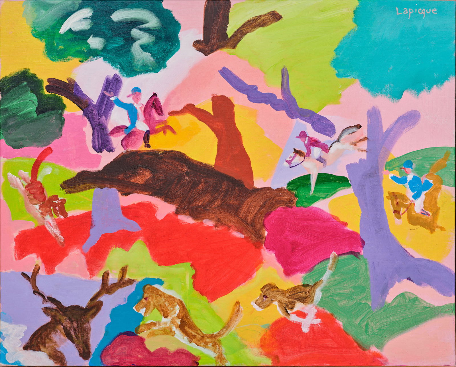 Charles LAPICQUE (1898-1988): Charles LAPICQUE (1898-1988) Chasse à courre, 1978Huile sur toileSignée en haut à gaucheContresignée, titrée et datée au dos65 x 80 cm