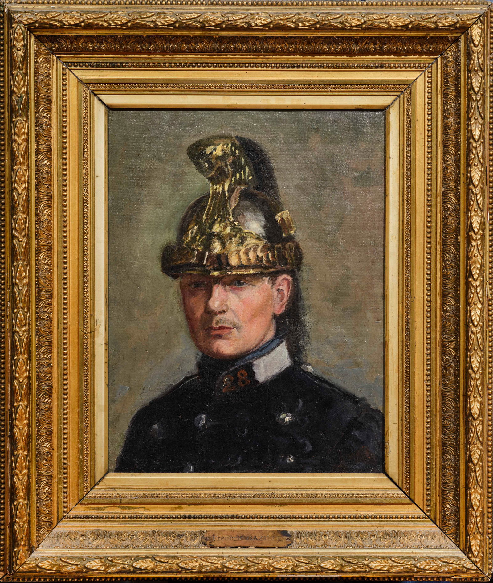 Attribué à Frédéric BAZILLE (1841-1870): Attribué à Frédéric BAZILLE (1841-1870)Portrait de dragonHuile sur toile42 x 32 cmÉtiquette au dos sur le cadre : Maison J. GUIRAL, place Notre Dame, Montpellier