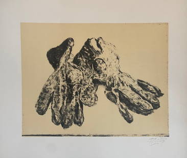 Avigdor ARIKHA (1929-2010): Paire de gants, 1972Lithographie orginale sur papier signée en bas à droite Tirage en 500 exemplaires portant le tampon du CNAC "L'oeuvre grave d'Arikha" 1973.36,5 x 38 cm