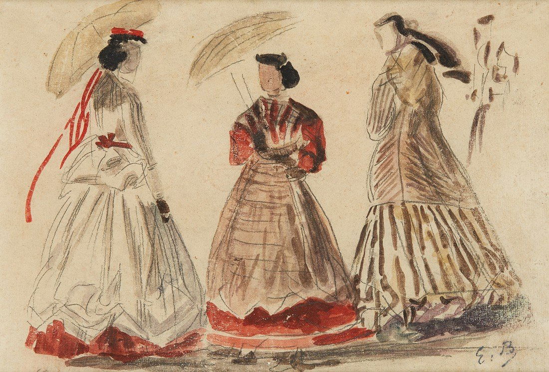 Eugene BOUDIN (1790-1863): Eugene BOUDIN (1790-1863) Les Elegantes Mixed media on paper, signed Â«E.BÂ» lower right 20,5 x 30 cm Ã vue - 8 x 11.8 in.