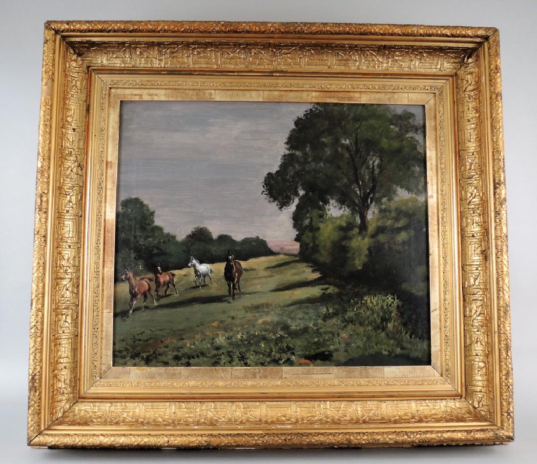 CHARLES AUGUSTUS HENRY LUTYENS (British,1829-1915): HORSES GALLOPING IN MEADOW Oil on canvas Signed and dated 98, lower left Image size: 20 x 24 1/4 in. (50.75 x 61.5 cm.)