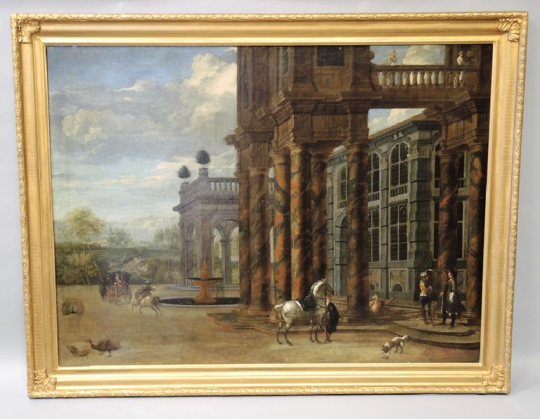 STYLE OF JOHN VANDERLYN (AMERICAN, 1775-1852): Palace Forecourt Oil on canvas (restored/relined 1984) Unsigned Image size: 99.06 x 130.81cm. (39" x 51 1/2") Frame size: 113.03 x 144.78cm. (44 1/2" x 57")