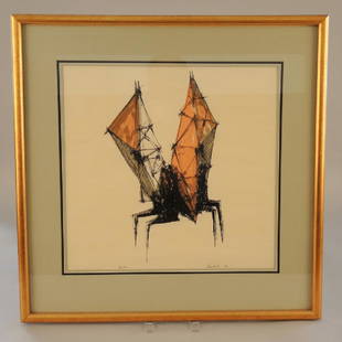 LYNN CHADWICK (BRITISH, 1914-2003): Winged figure/creature Lithograph, 65/100 Signed & dated lower right '58 Image size: 40.00 x 41.27cm. (15 3/4" x 16 1/4") Frame size: 60.96 x 60.96cm. (24" x 24")