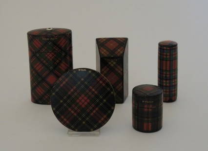 Tartanware Sewing Accessories: Five (5) items including needle case "Buchan", needle case "Prince Charlie", thimble case "McPherson", pin cushion "McBeth" and needle holder (unknown pattern)