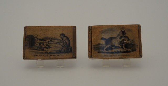 19th-century Penwork Snuff Boxes: Two (2) penwork decorated snuff boxes, both foil lined. "Don't You Wish you May Get It" and "To Be Delivered Immediately"