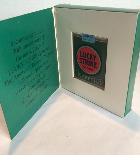 LUCKY STRIKE PACK IN COMMEMORATIVE BOX 70th anniversary: 70th anniversary promotional LUCKY STRIKE CIGARETTE PACK IN COMMEMORATIVE BOX $9 shipping to lower 48 states. COMBINED SHIPPING AVAILABLE