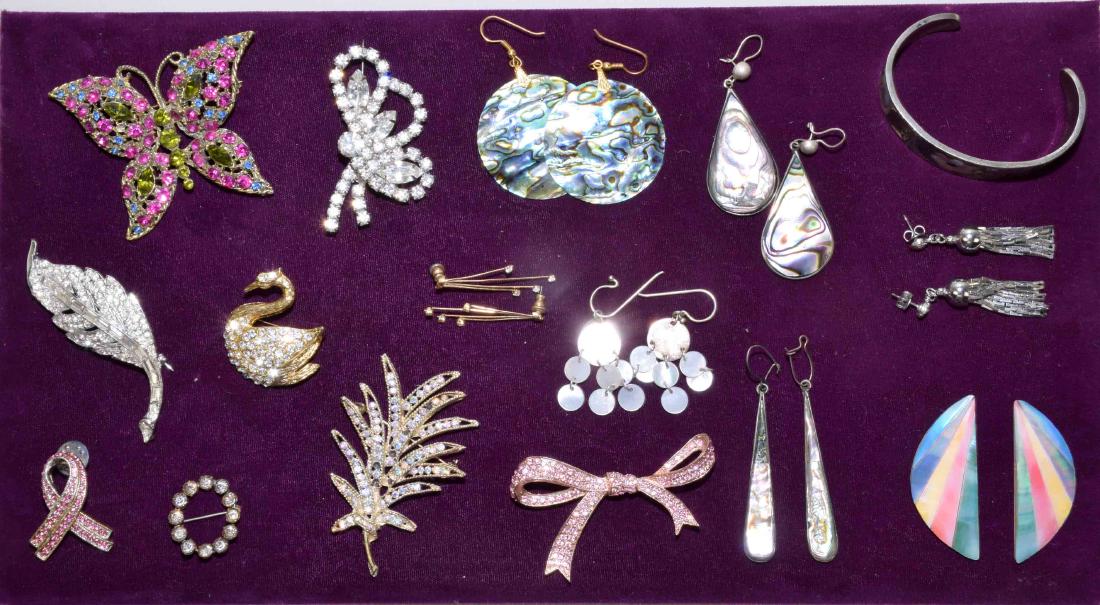 ASSORTED RHINSTONE PINS AND ABALONE JEWELRY BY ALPACA -: ASSORTED RHINSTONE PINS AND ABALONE JEWELRY BY ALPACA - Condition: Age appropriate wear; All items sold as is.