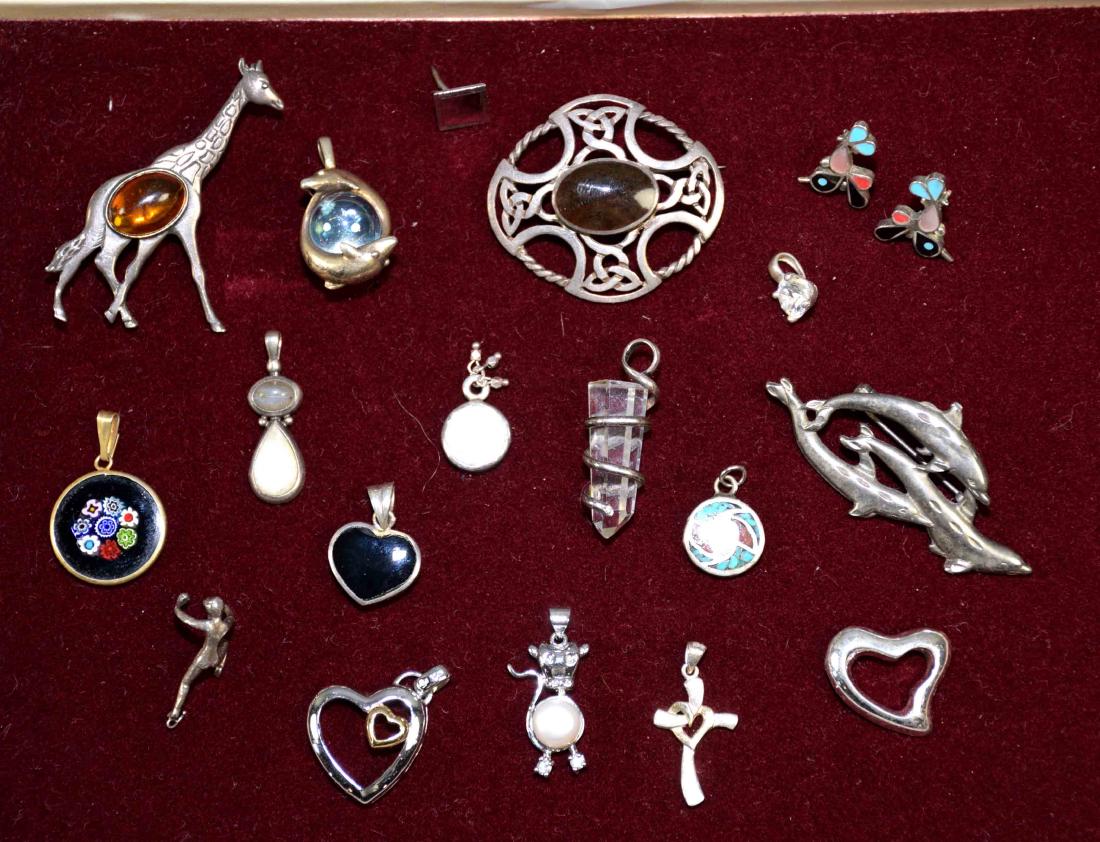 18pc ASSORTED STERLING LOT - Includes pins, pendants (1 of 5)