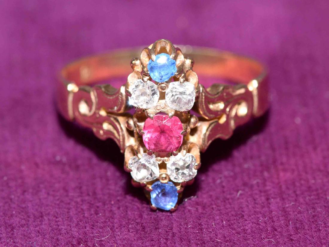 VICTORIAN 14k GOLD DIAMOND SAPPHIRE AND RUBY RING - Set: VICTORIAN 14k GOLD DIAMOND SAPPHIRE AND RUBY RING - Set with (4) round cut diamonds, Approx weight .25k, (2) sapphires and (1) ruby; overall total weight 2.2dwt - Condition: Age appropriate wear; All