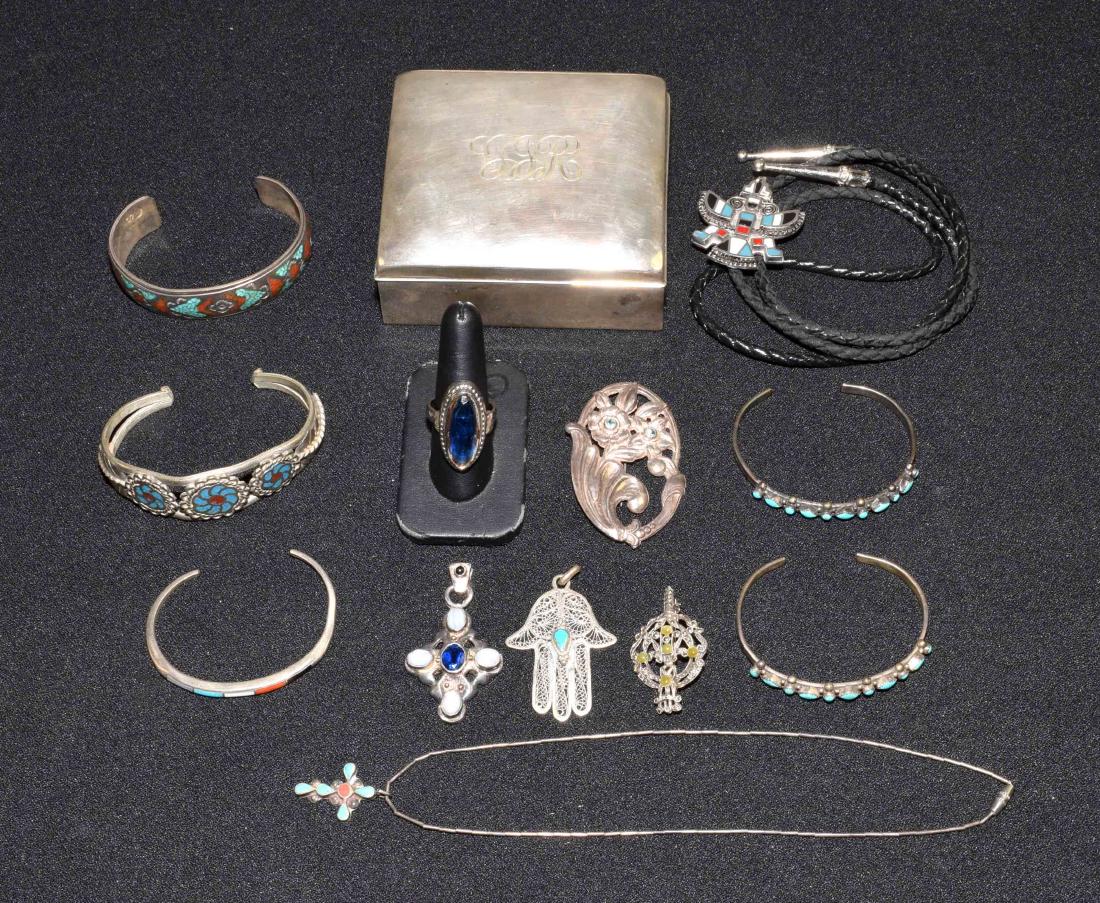 ASSORTED SILVER AND STERLING JEWELRY WITH A STERLING: ASSORTED SILVER AND STERLING JEWELRY WITH A STERLING BOX - Includes pins, pendants, cuff bracelets, necklace, bolo, ring and a sterling box signed Poole - Condition: Age appropriate wear; All items so