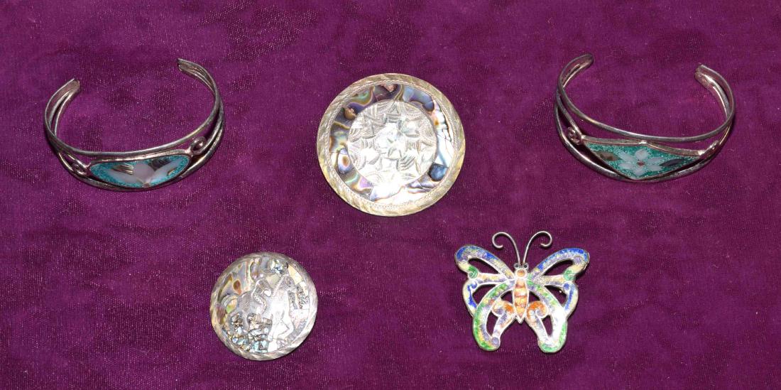 5pc MEXICAN STERLING ABALONE AND ENAMEL JEWELRY - (1 of 5)