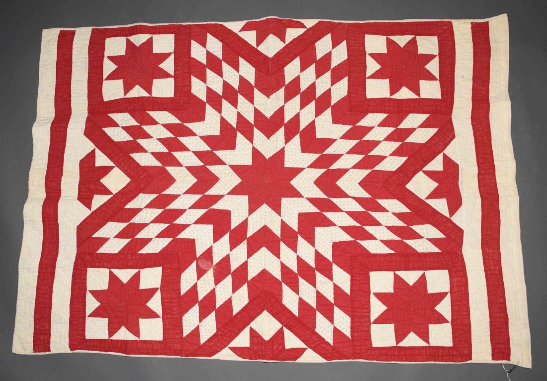 HAND STITCHED CRIB QUILT - Red and white star pattern; (1 of 2)