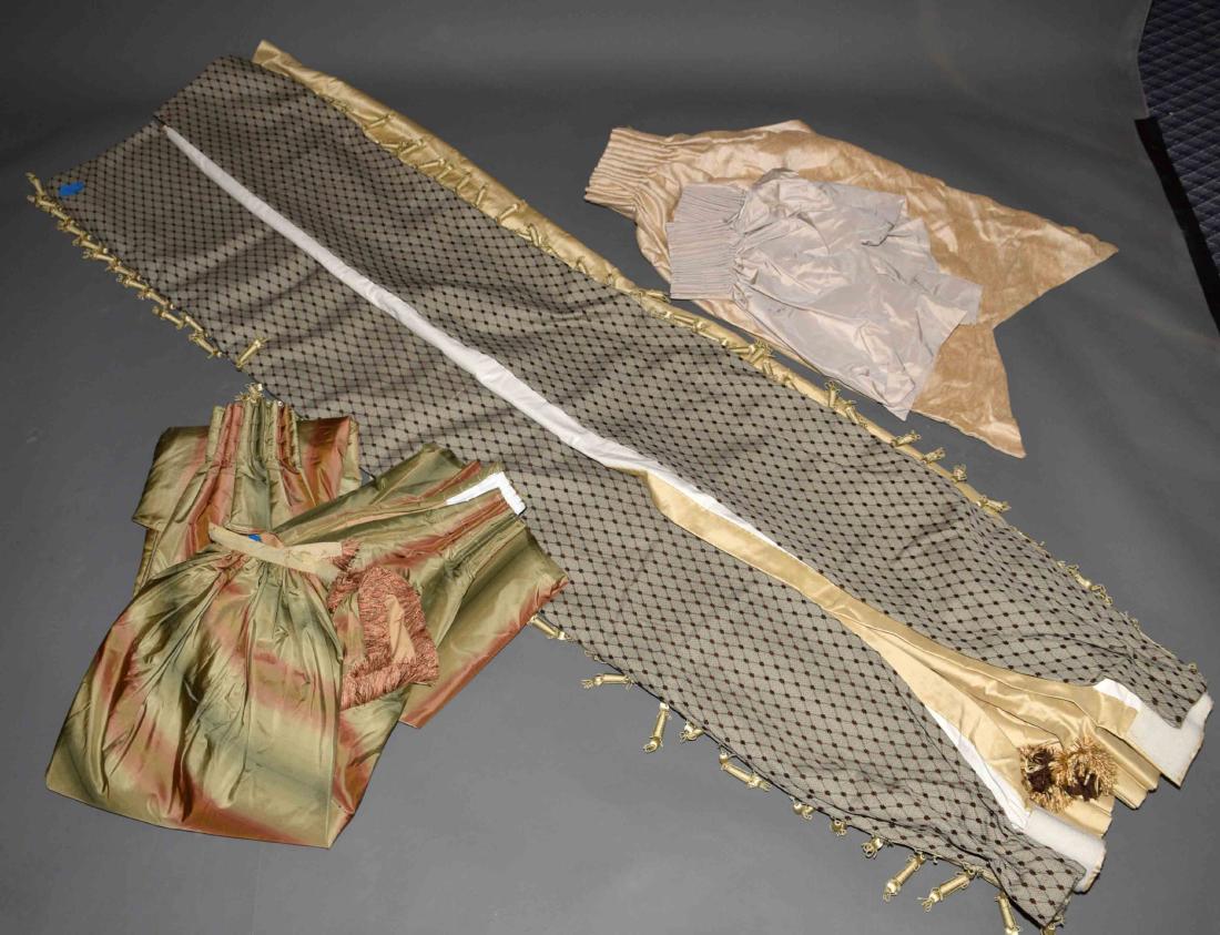 LOT OF ASSORTED CURTAINS AND VALENCES - (2) pair beige: LOT OF ASSORTED CURTAINS AND VALENCES - (2) pair beige valances, (1) pair green and orange stripe curtains (52''L x 18''W); (1) pair curtains gold with gold and brown accents and gold tassles (90''L x