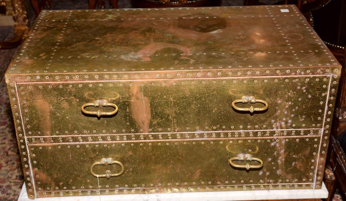 BRASS CLAD LOW CHEST - With (2) drawers, brass carrying (1 of 1)